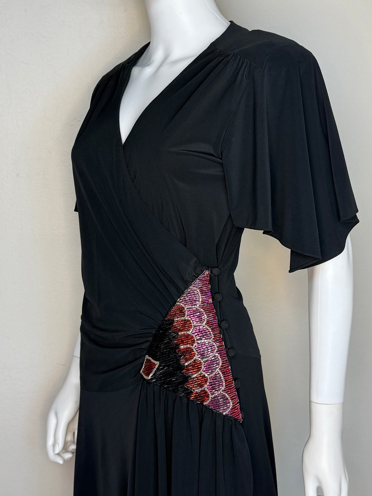1970s/80s Black Handkerchief Hem Drop Waist Wrap Dress with Beaded Panel, Rimini Size Small-Medium