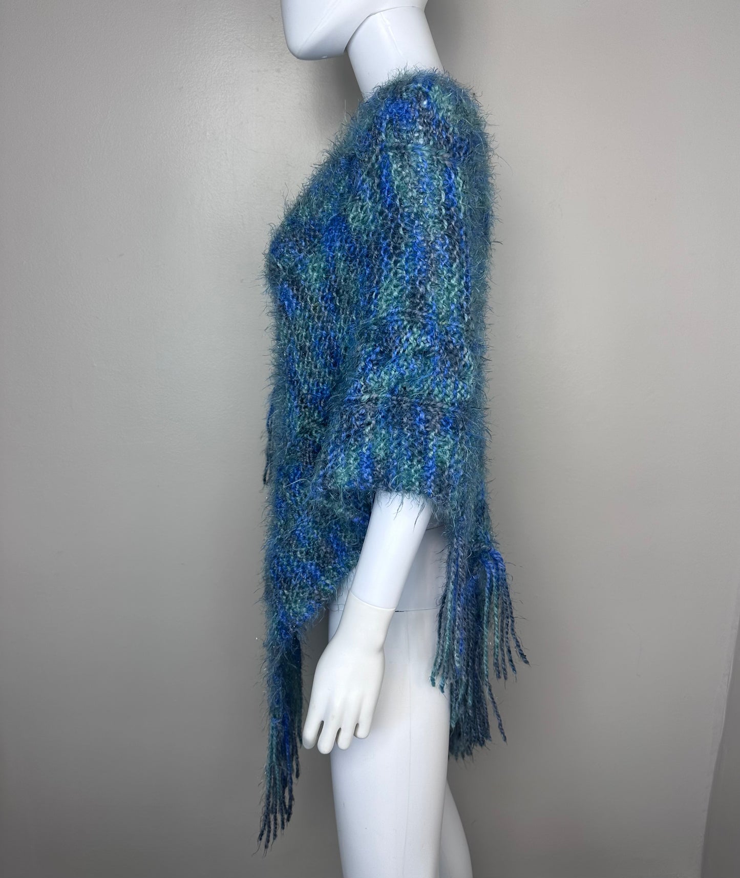 Vintage Blue and Green Space Dye Shawl, Handmade, One Size, Poncho, Cape