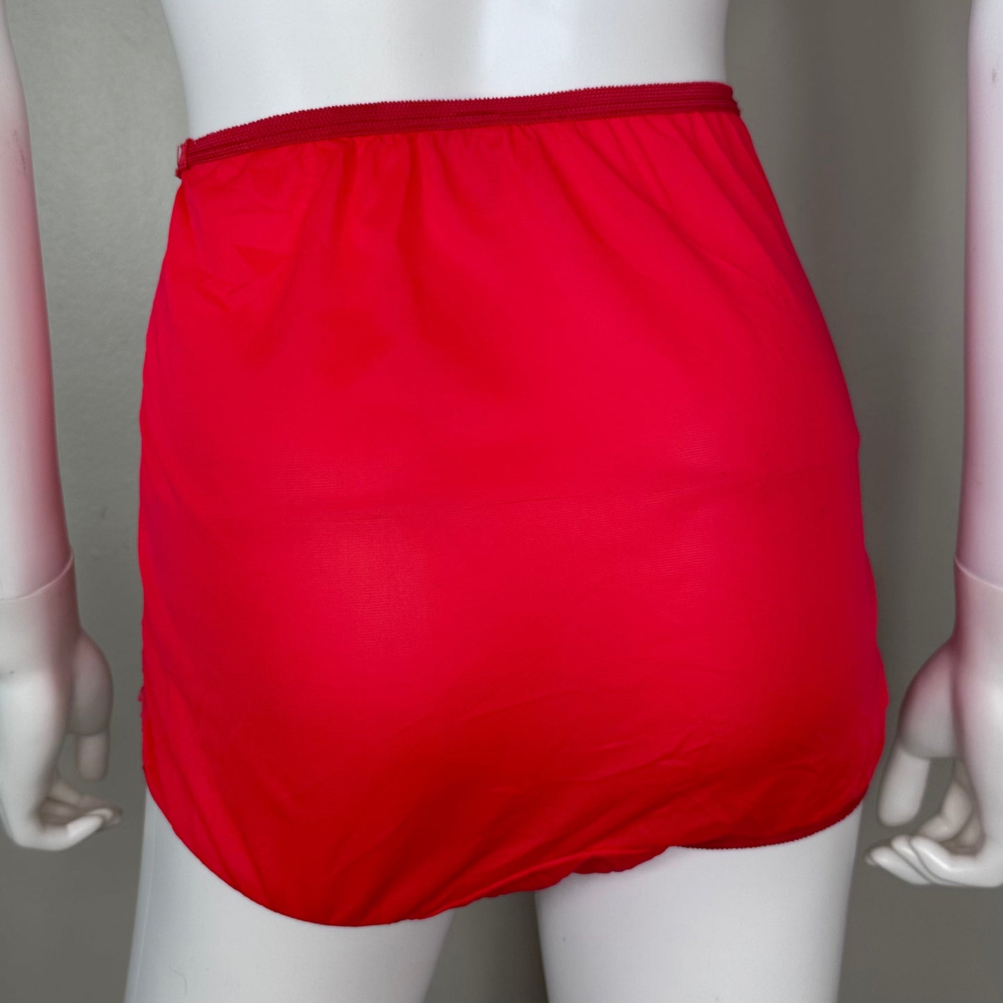 1950s Red Nylon High Waisted Panties with Knife Pleat Inserts, Movie Star Size 6, Mushroom Gusset