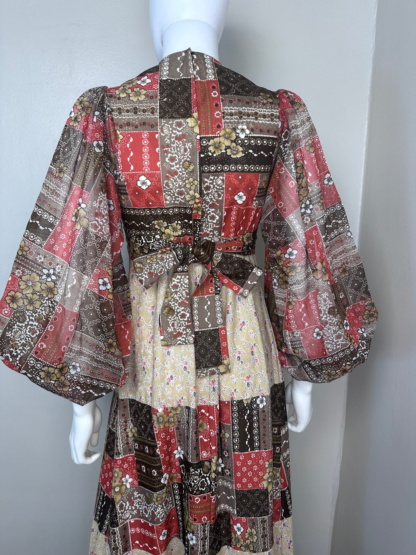 1970s Patchwork Print Boho Maxi Dress, Size XS, Sheer Balloon Sleeves