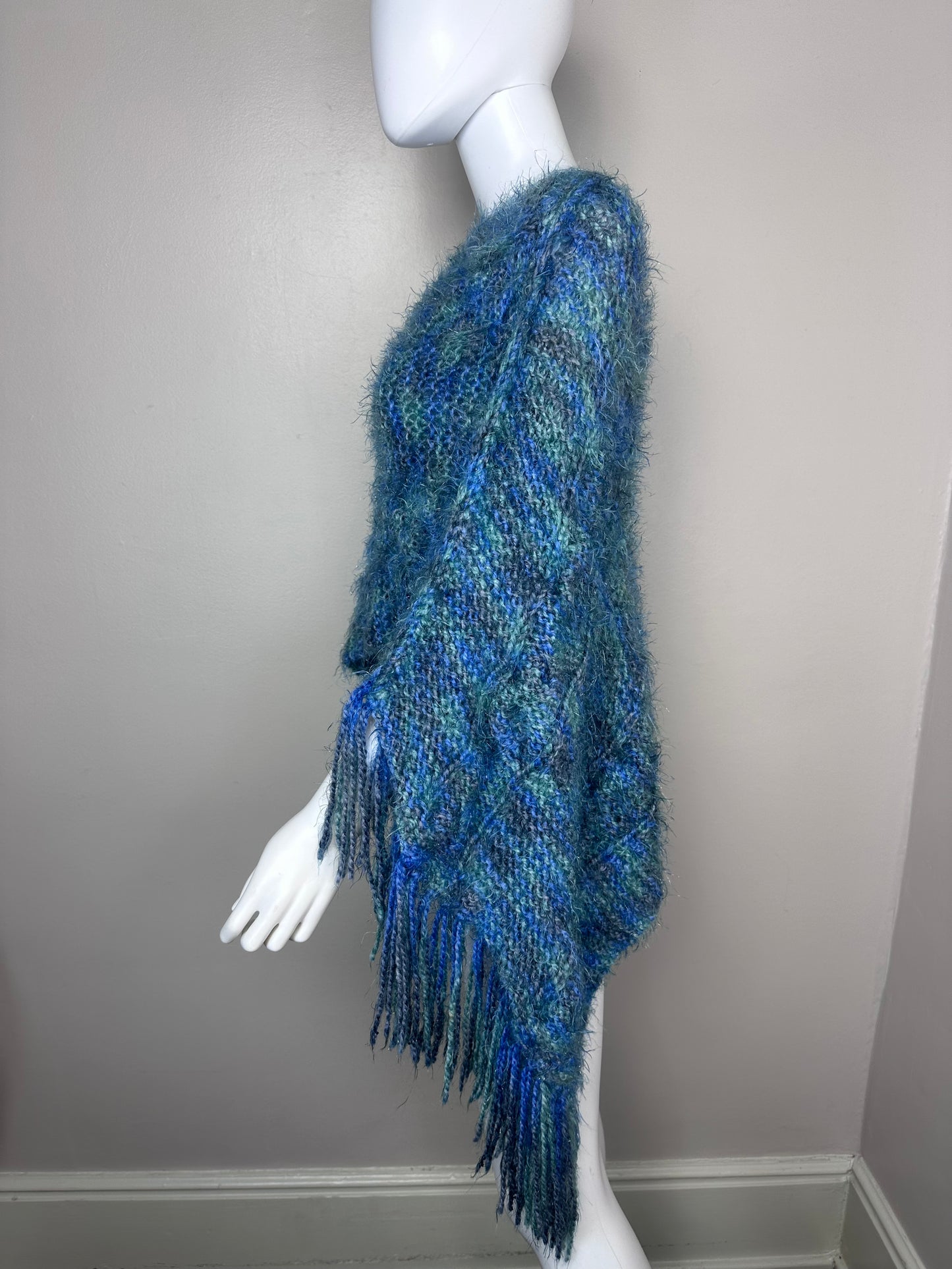 Vintage Blue and Green Space Dye Shawl, Handmade, One Size, Poncho, Cape