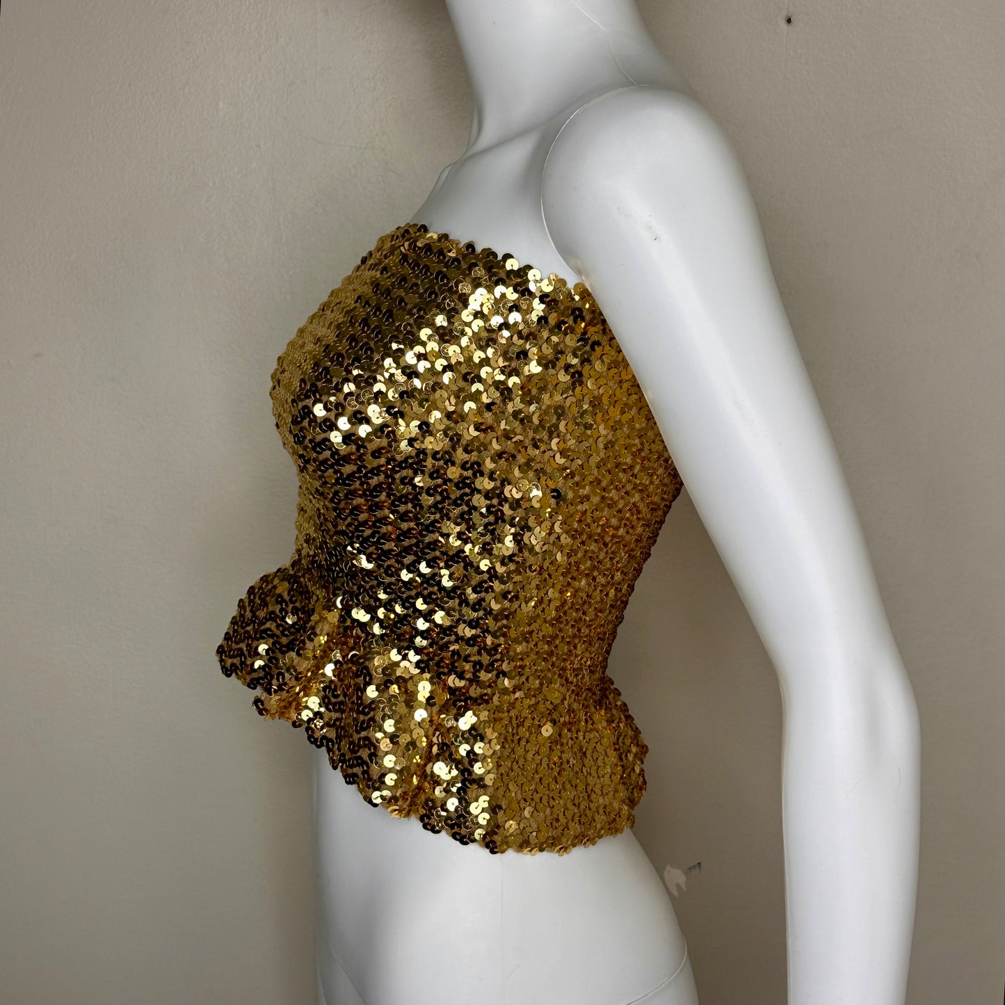 1970s Gold Sequin Peplum Tube Top, Toppettes Size XXS-Small