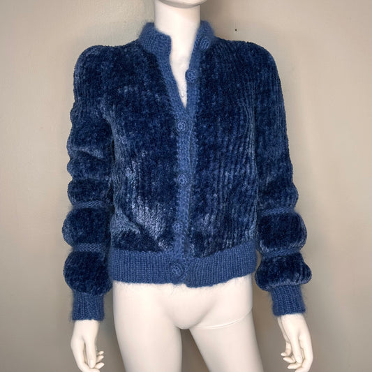 1970s Blue Chenille Hand Knitted Cardigan Sweater, Size Small, Cool Sleeves!