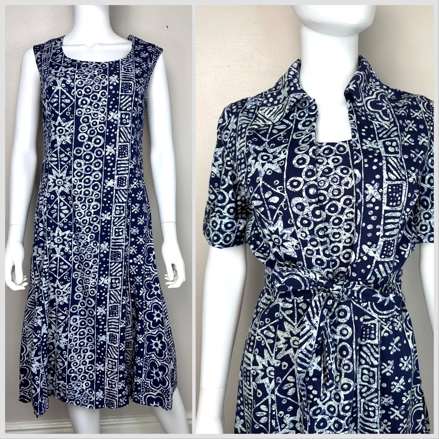 1960s/70s Batik Print Dress Set  Handmade Size Small, Sleeveless Dress and Tie Front Blouse