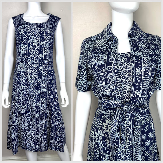 1960s/70s Batik Print Dress Set  Handmade Size Small, Sleeveless Dress and Tie Front Blouse