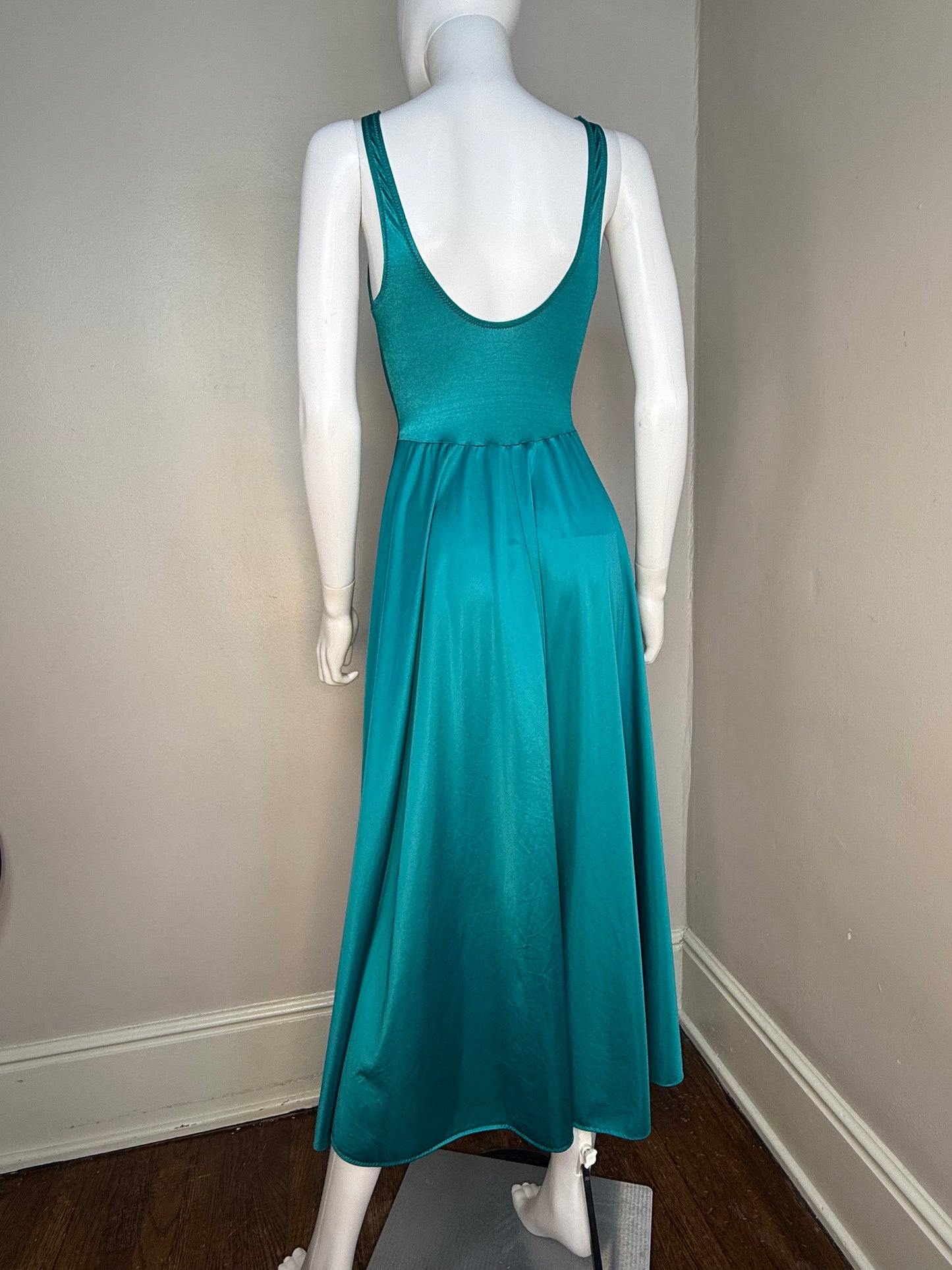 1970s Teal Olga Nightgown with Full Sweep, Lace Cut Out Bodice, Size XS