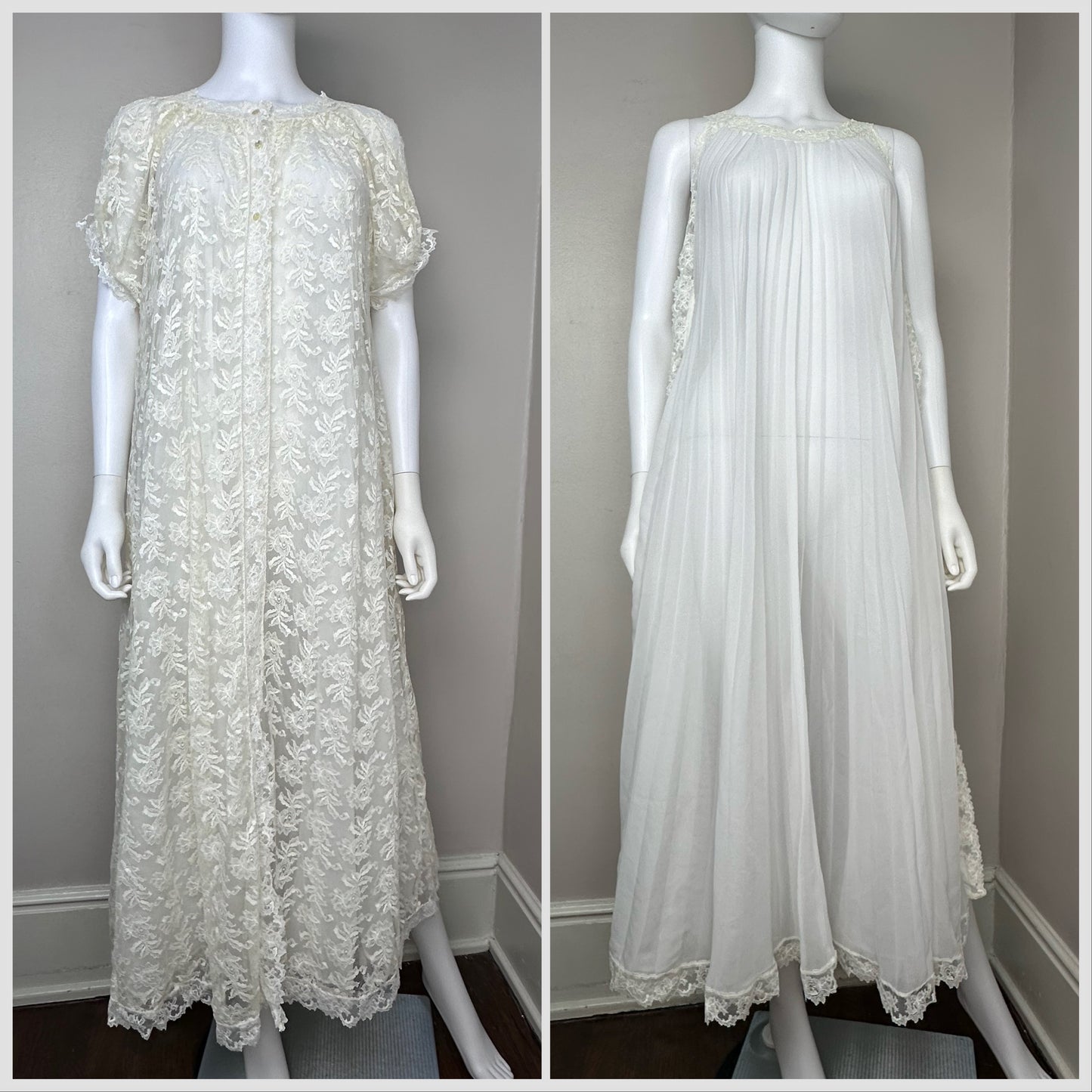 1960s Peignoir Set, Parisian Maid Size Medium, White Pleated Full Sweep Nightgown, Cream Lace Short Sleeve Robe