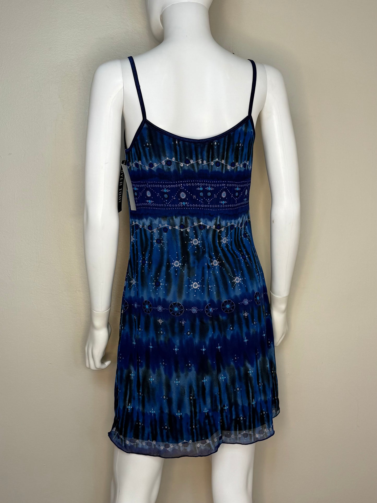 1990s/Y2K Blue Knit Mesh Sleeveless Mini Dress, Byer Too Size Small/Medium, Glitter Accents