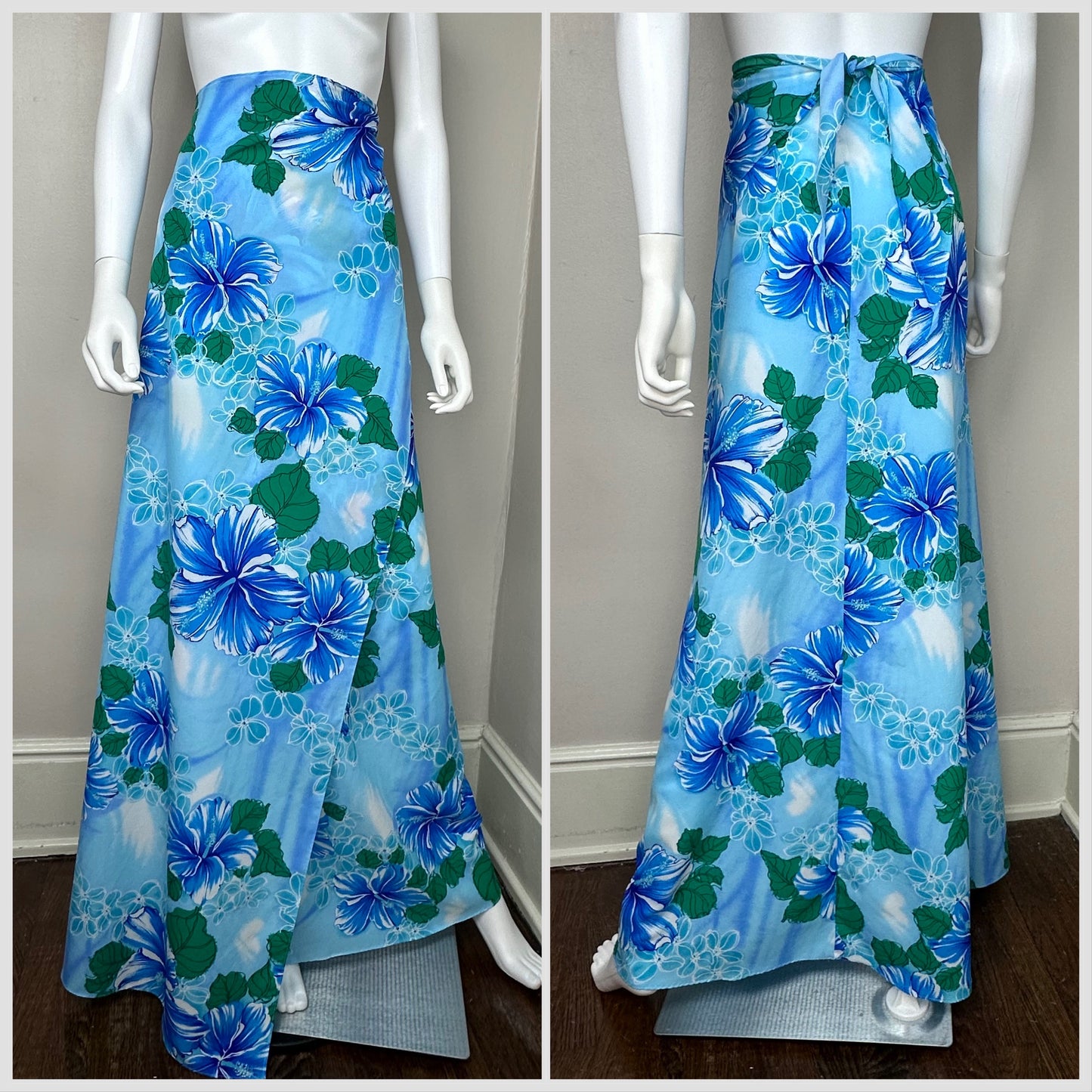 1970s Hawaiian Halter Wrap Maxi Dress, Maxi Skirt, Tropical Blue Floral