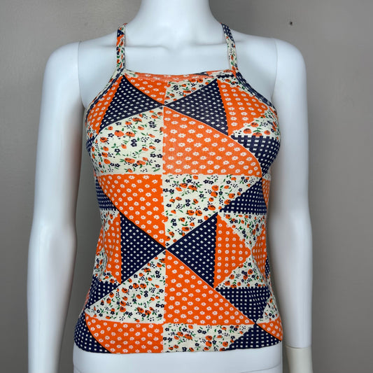 1970s Orange Floral Patchwork Print Tank Top, Size XS