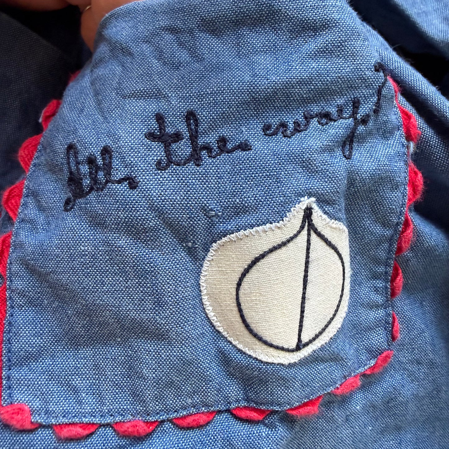 1950s Chambray Baby Dress, Hot Dog BBQ Applique, Full Skirt, Puff Sleeves, Rick Rack, Size 3-6 month