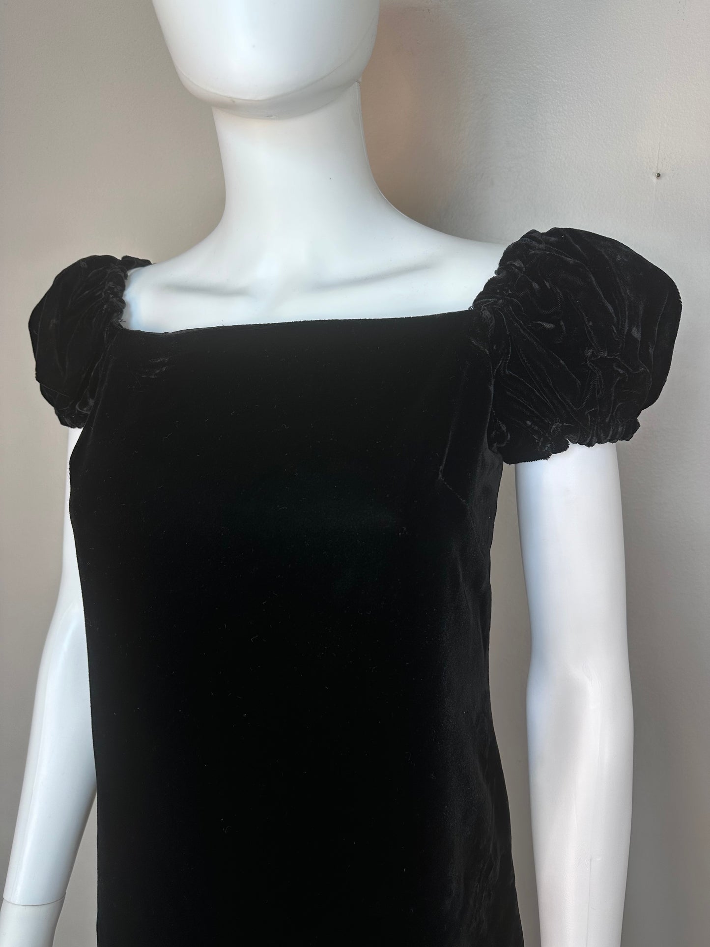 1960s Black Velvet Mini Dress with Puff Sleeves, Size XS, Back Bow