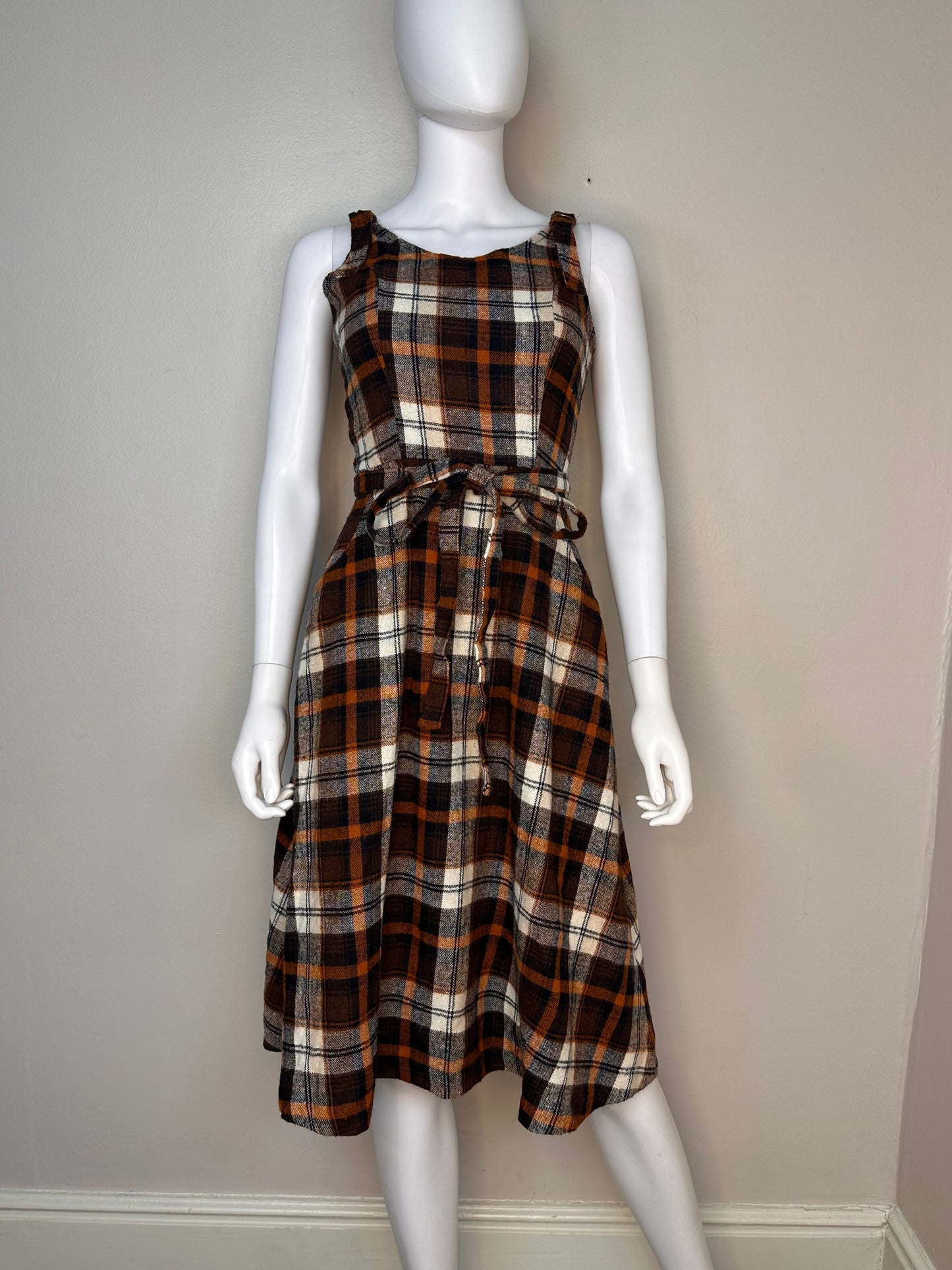 1970s Brown Plaid Sleeveless Wrap Dress, Terri Juniors California, Jumper