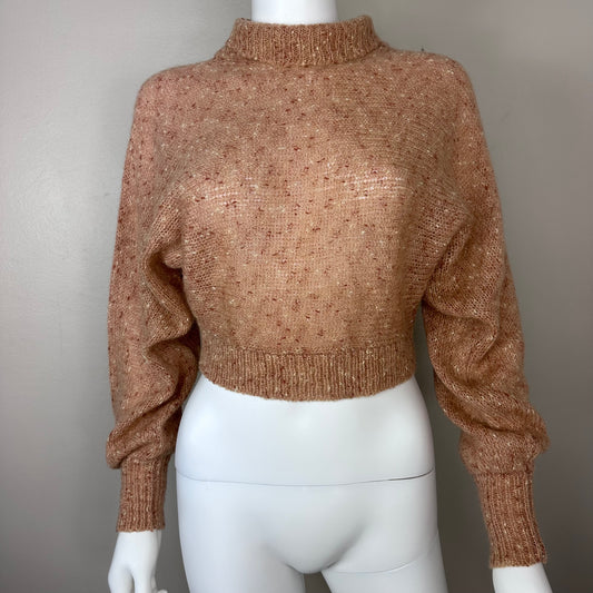 1970s Brown Turtleneck Loose Knit Cropped Sweater, Dolman Sleeves, MS II Size Small