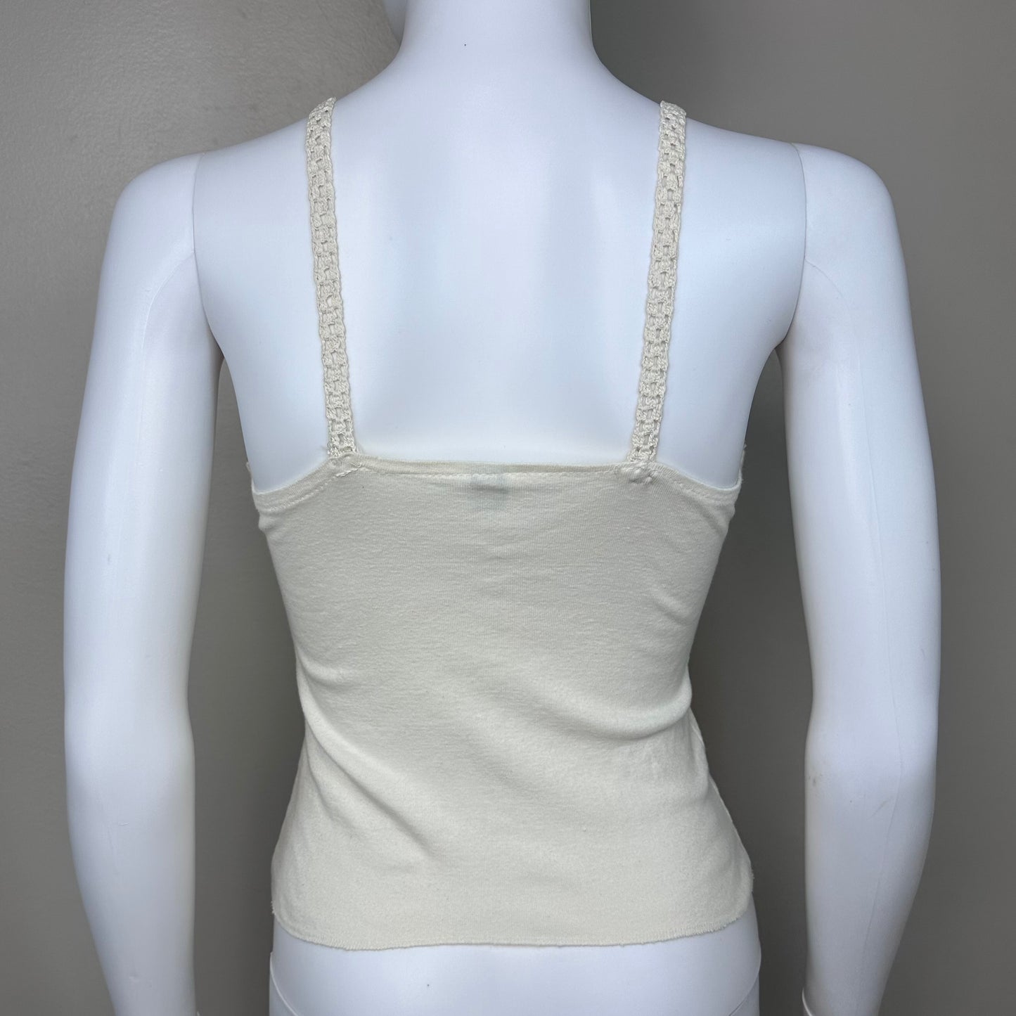 1990s Cream Boho Tank Top, Crochet Trim Size Small