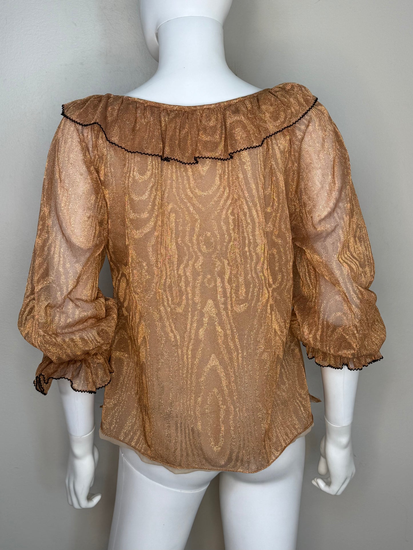 1980s Sheer Gold Blouse with Ruffle Neck, Size Medium