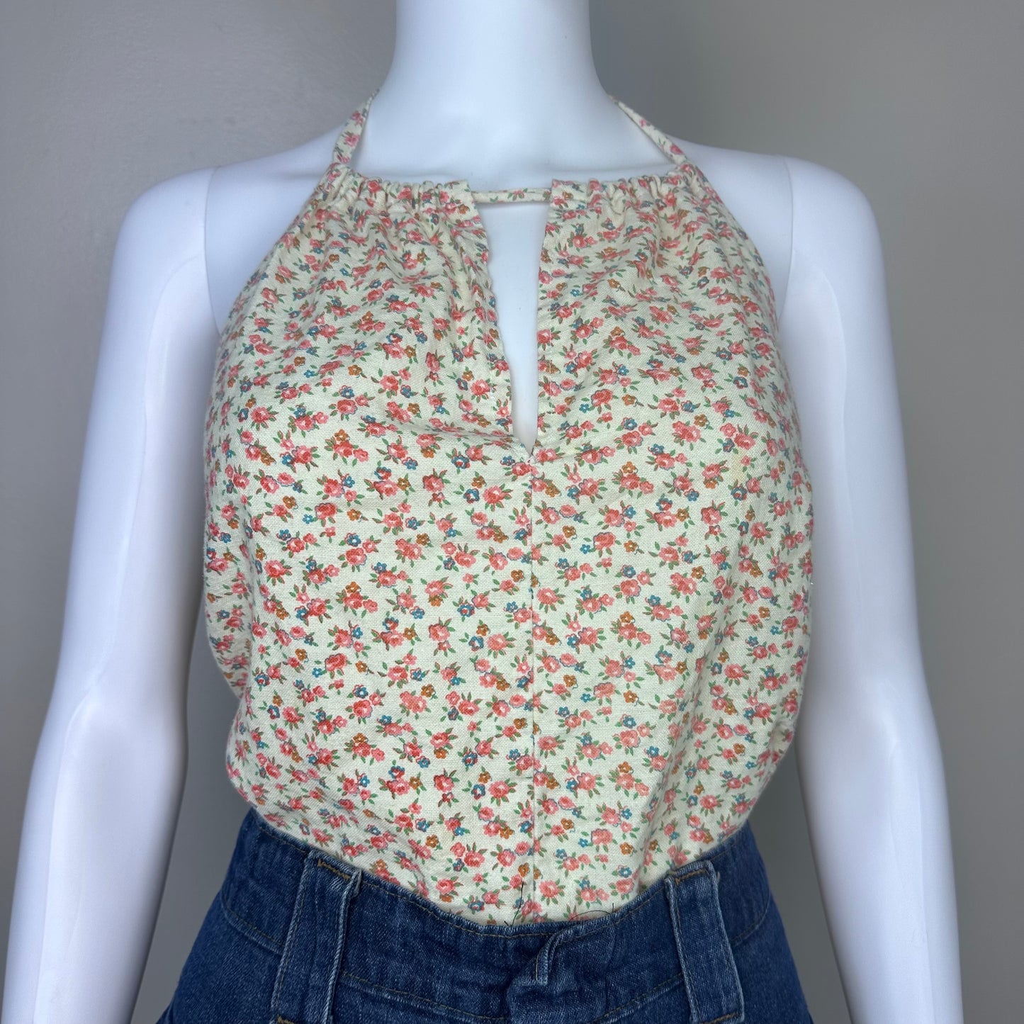 1970s Floral Halter Top Tunic, Micro Mini Dress, Handmade Size S/M, Open Back