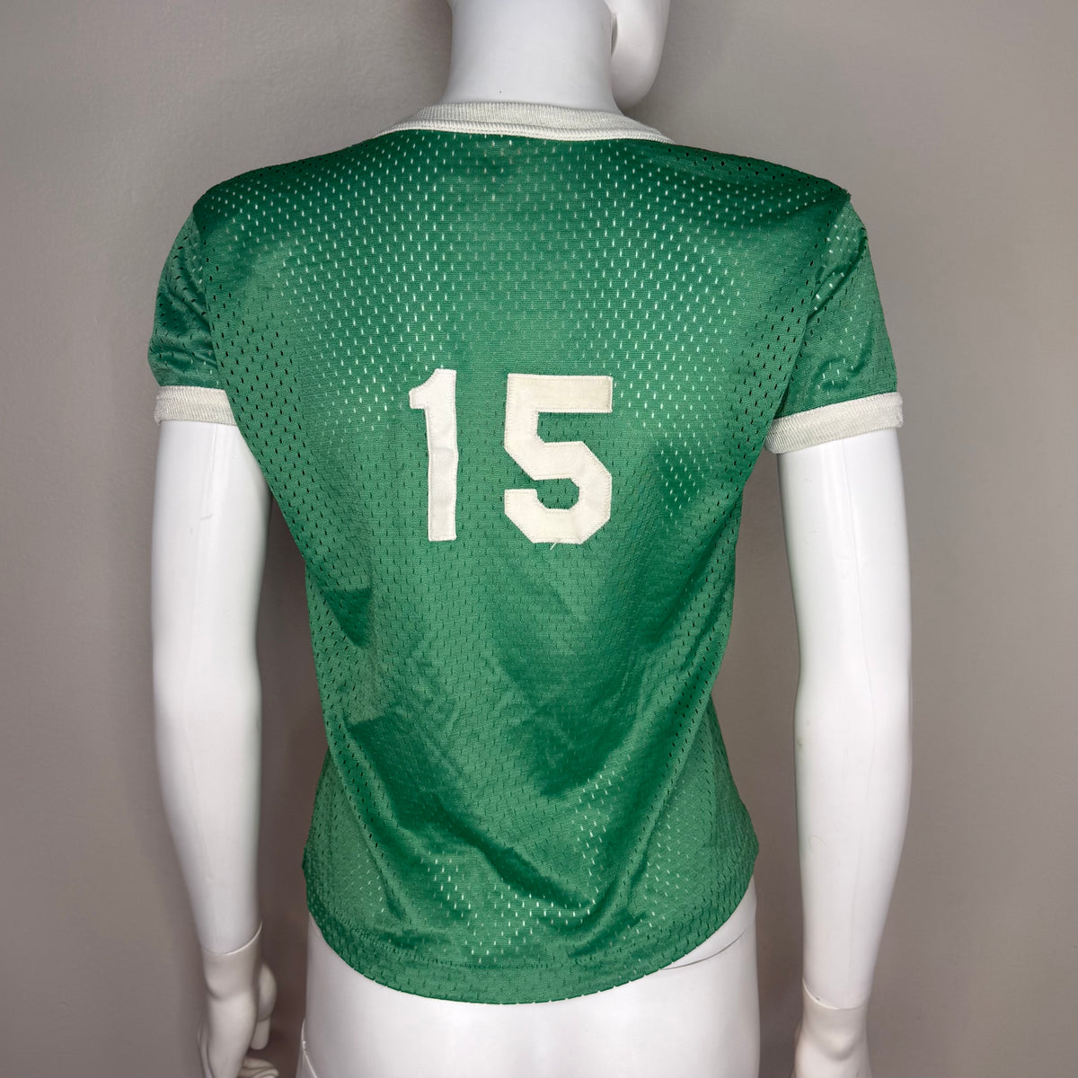 1970s Green Mesh Jersey T-Shirt, Southern Athletic Youth Large/Adult Small, No 15