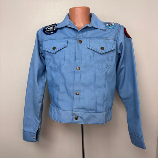 1970s Light Blue Denim Jacket with lots of added Patches, Youth XL/Adult S