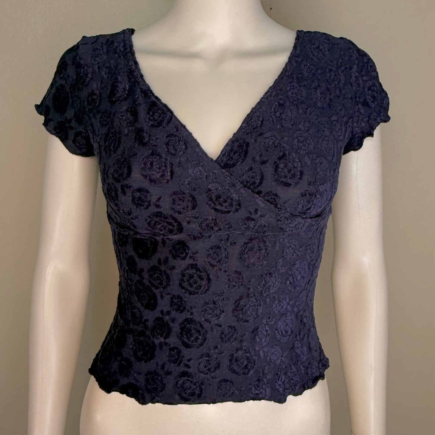 1990s/Y2K Navy Blue Floral Velvet Burn Out Top, Jazz Sport Size XS, Mesh Knit with Velvet Flowers