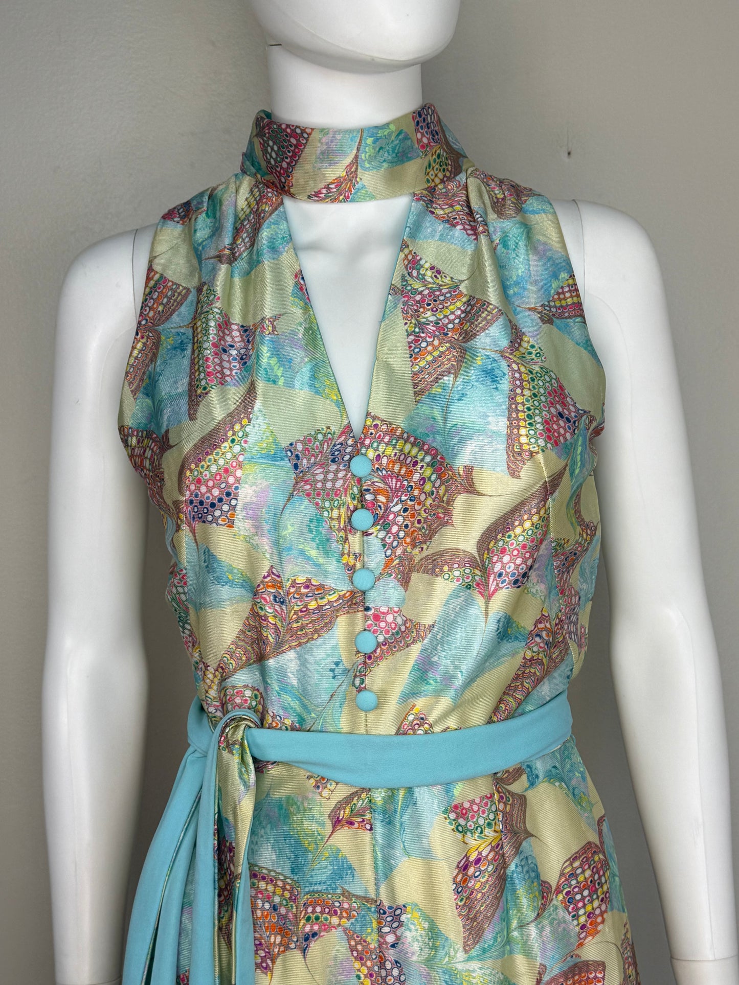 1970s Psychedelic Print Bell-Bottom Jumpsuit, Mel Warshaw Miss Jane Miami Size XS/Small, Shiny Fabric