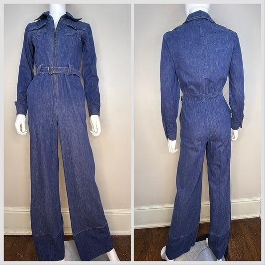 1970s Denim Zip Up Jumpsuit, Long Sleeve, Flare Leg, Sears Jr Bazaar XS/Small Tall