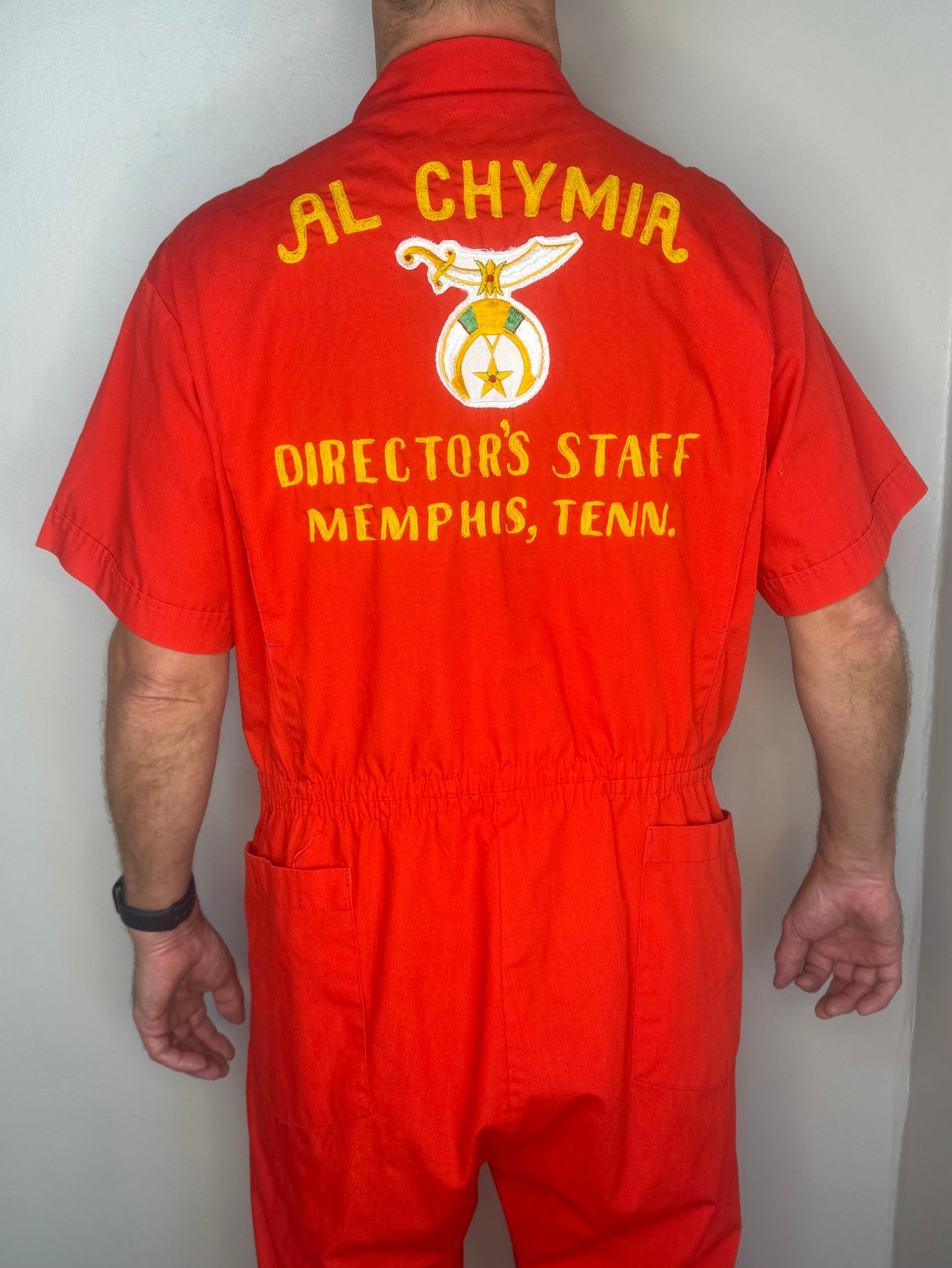 1970s Red Short Sleeve Coveralls, Al Chymia Directors Staff Memphis Tenn Chainstitch Embroidery, Topp Master Size Large Tall, Boiler Suit, Leisure