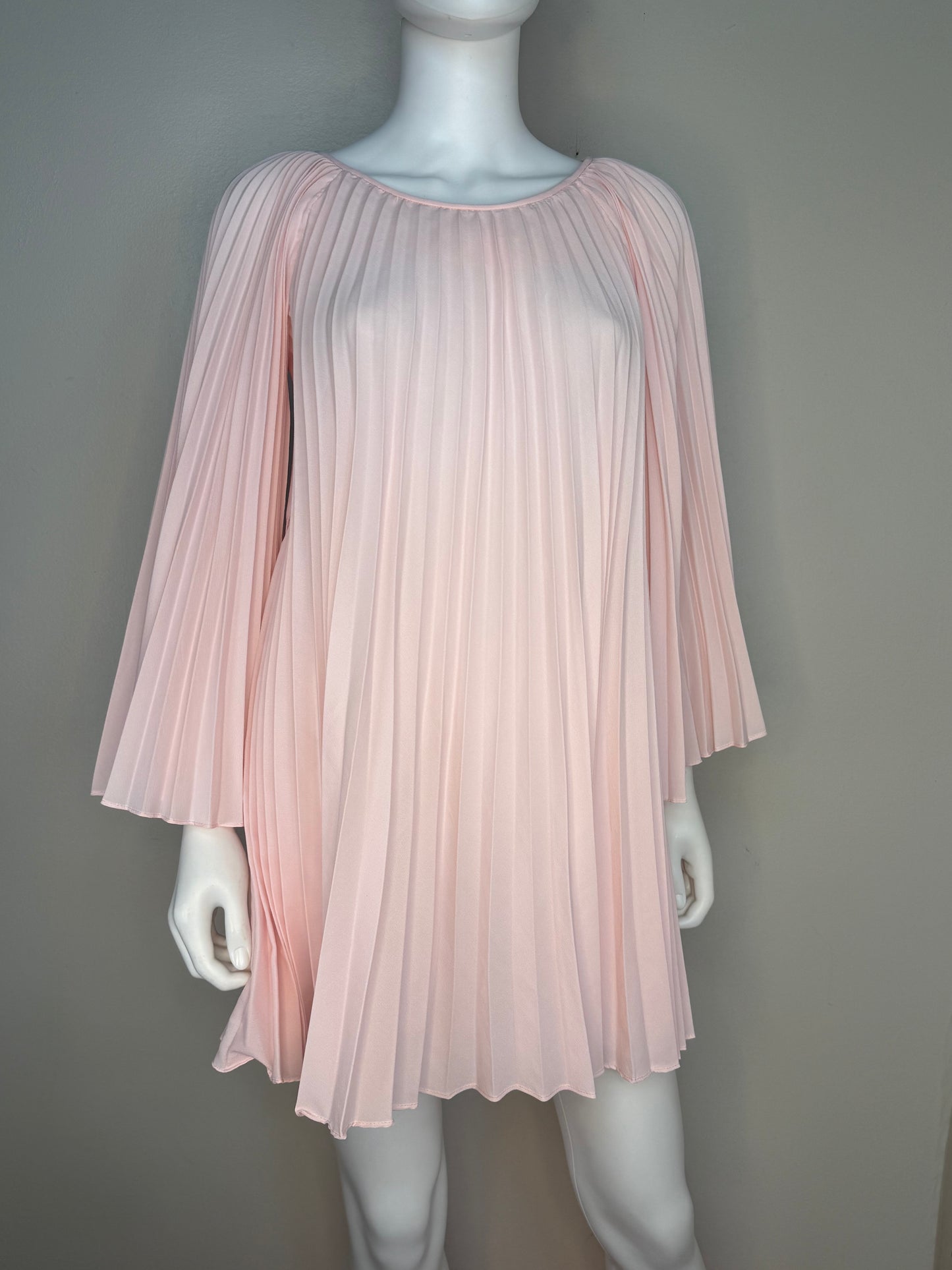 1960s Pastel Pink Pleated Mini Dress and Palazzo Pants Set, Bell Sleeves, Extra Wide Legs, Size XS-Small