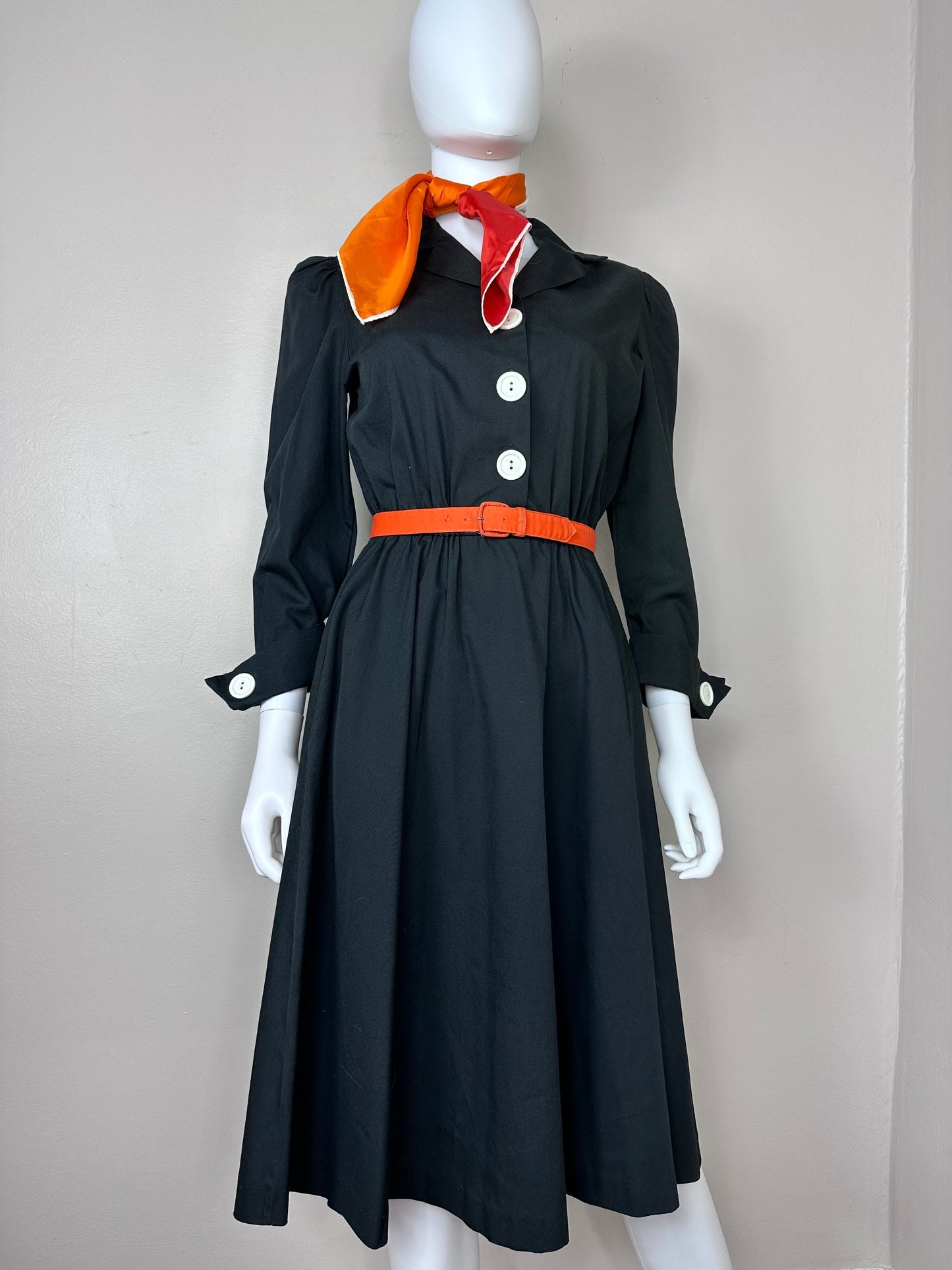 1980s Black Shirt Dress with Big White Buttons, The Shirtdress Sears Size Small-Medium