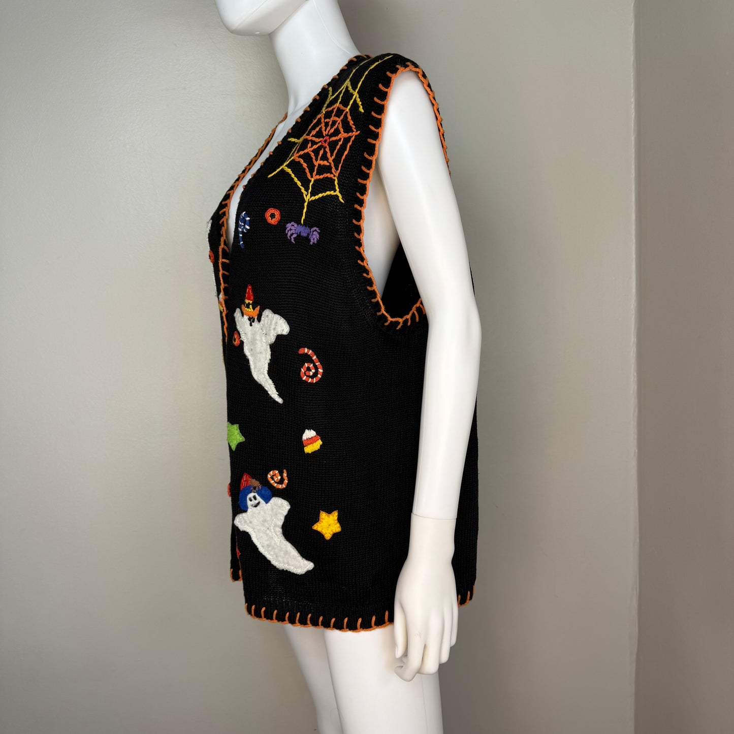 Y2K Halloween Sweater Vest Cardigan, Tiara International Size XL, 2002, Ghosts Applique, Spider Web Embroidery