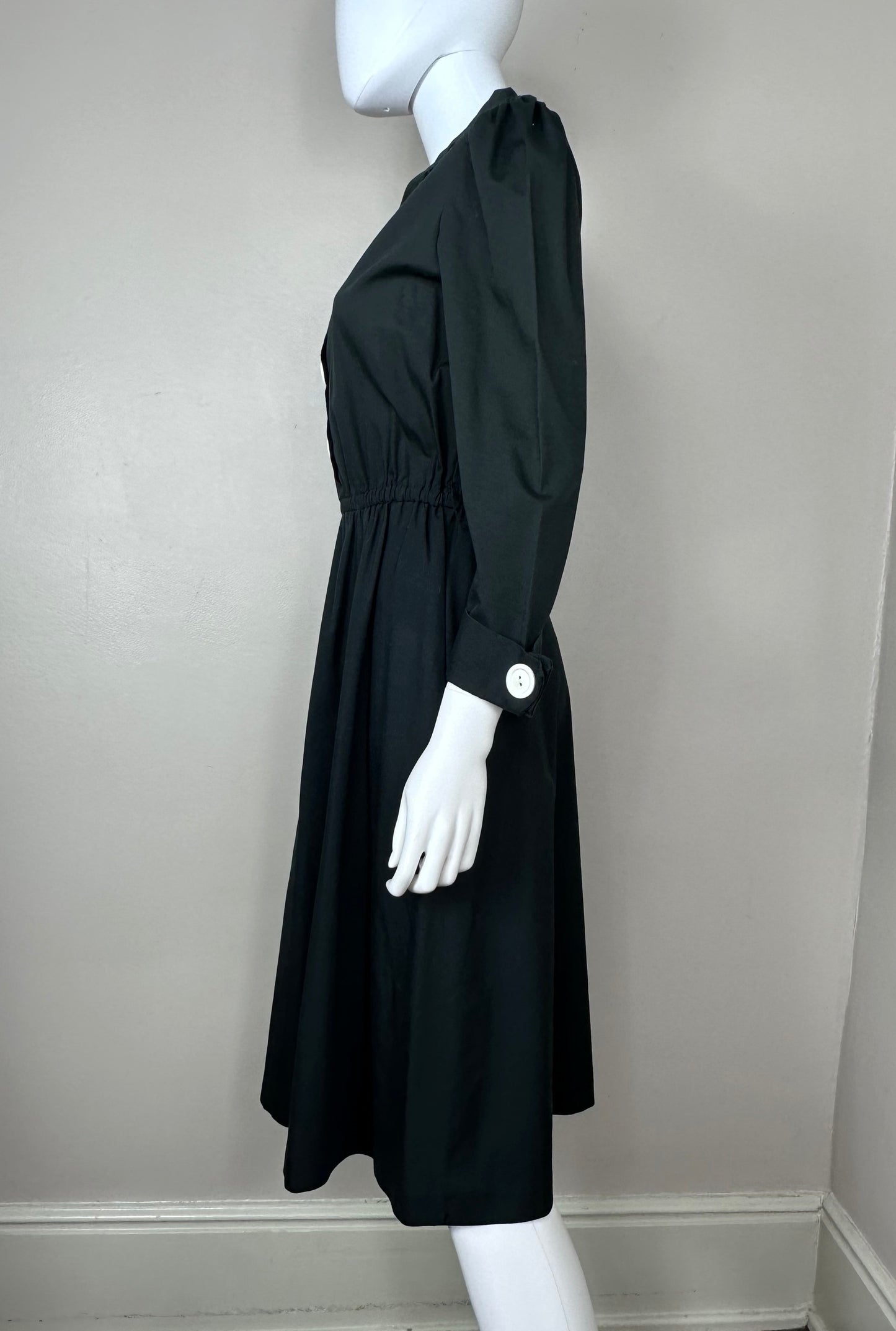 1980s Black Shirt Dress with Big White Buttons, The Shirtdress Sears Size Small-Medium