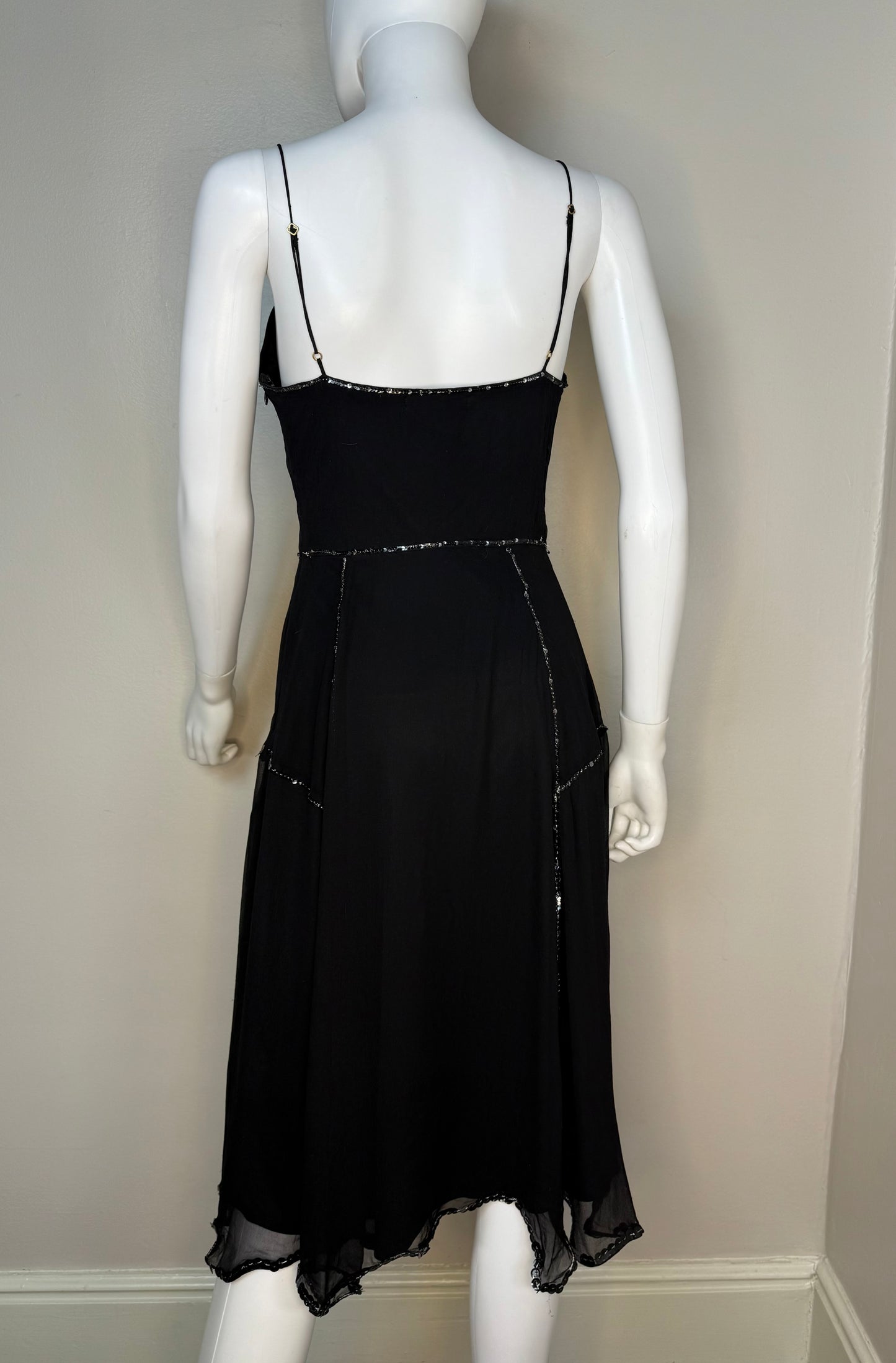 Y2K Betsey Johnson Black Sequin Slip Dress with Zig Zag Hem, Size XS/Small, Sample