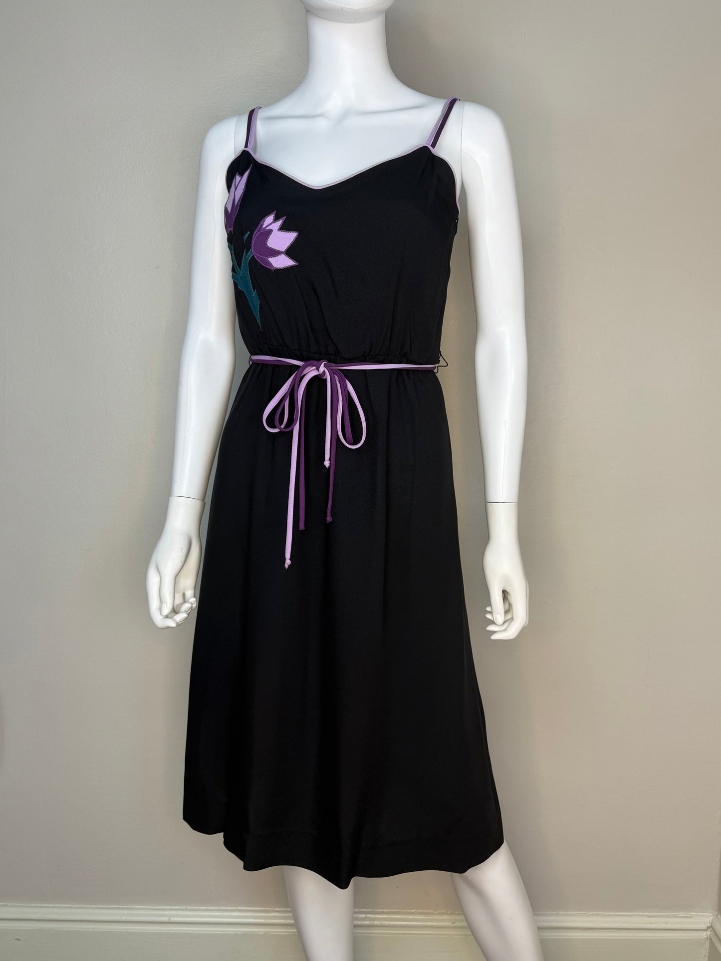 1970s/80s Black Sundress with Floral Applique, My Colours Dress Size Small
