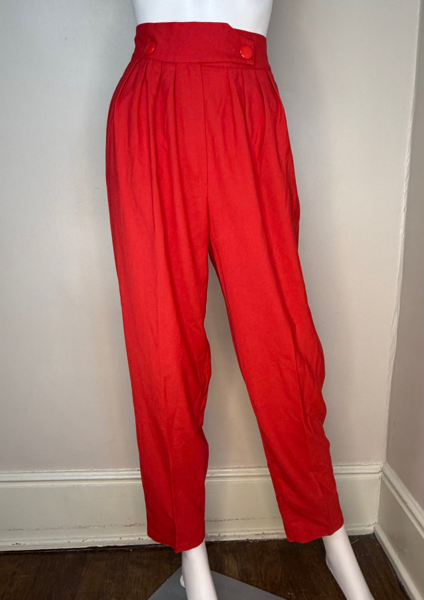 1980s Red Pleated Pants, High Rise, Wide Waistband, Tapered Leg, 27"x28"