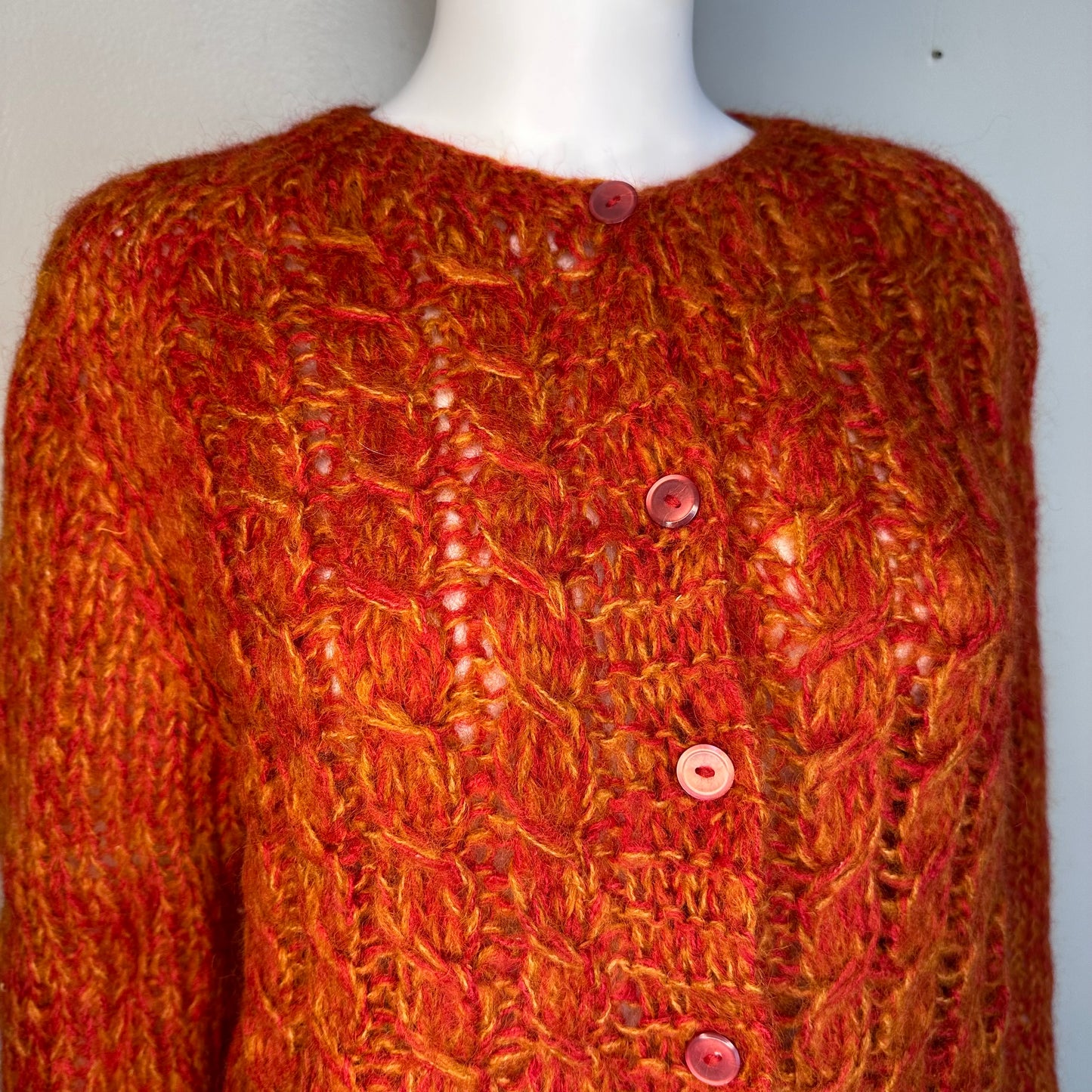 1960s Orange Cardigan Sweater, Size Large, Italian Hand Knit Wool Blend