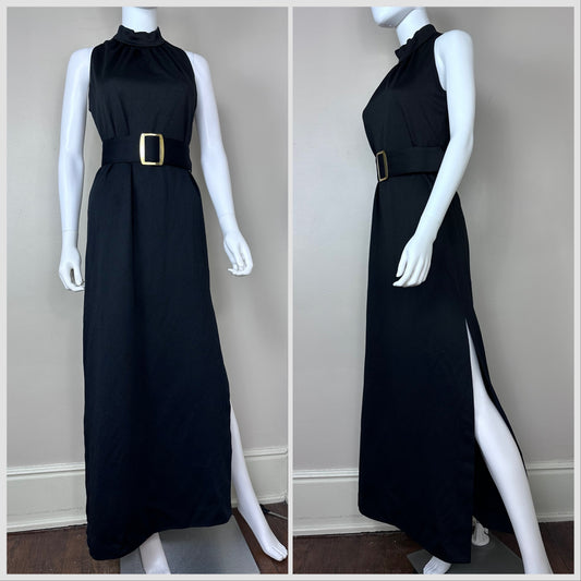 1970s Black Maxi Dress with Wide Belt, Sears Fashions