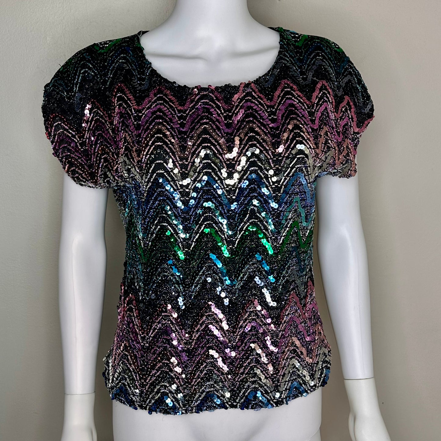 1980s Rainbow Zig Zag Sequin Top, Oraré Size S/M