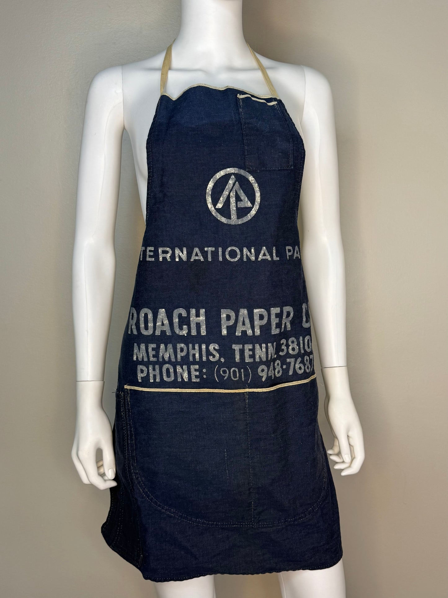 1960s Selvage Denim Workwear Apron, International Paper Roach Co Memphis Tenn, Selvedge