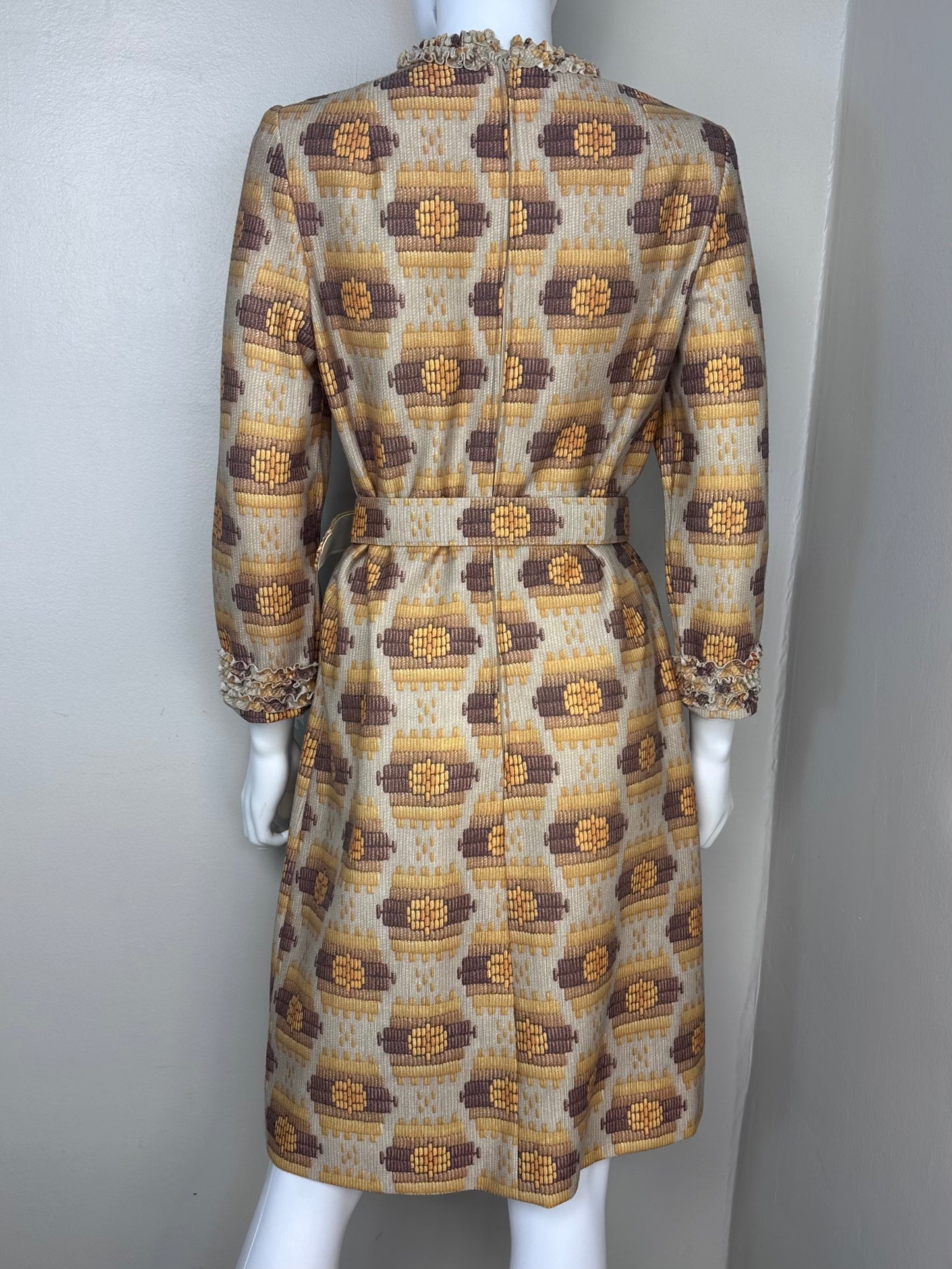 1970s Geometric Print Dress with Wide Belt, Size Medium, Yellow and Brown