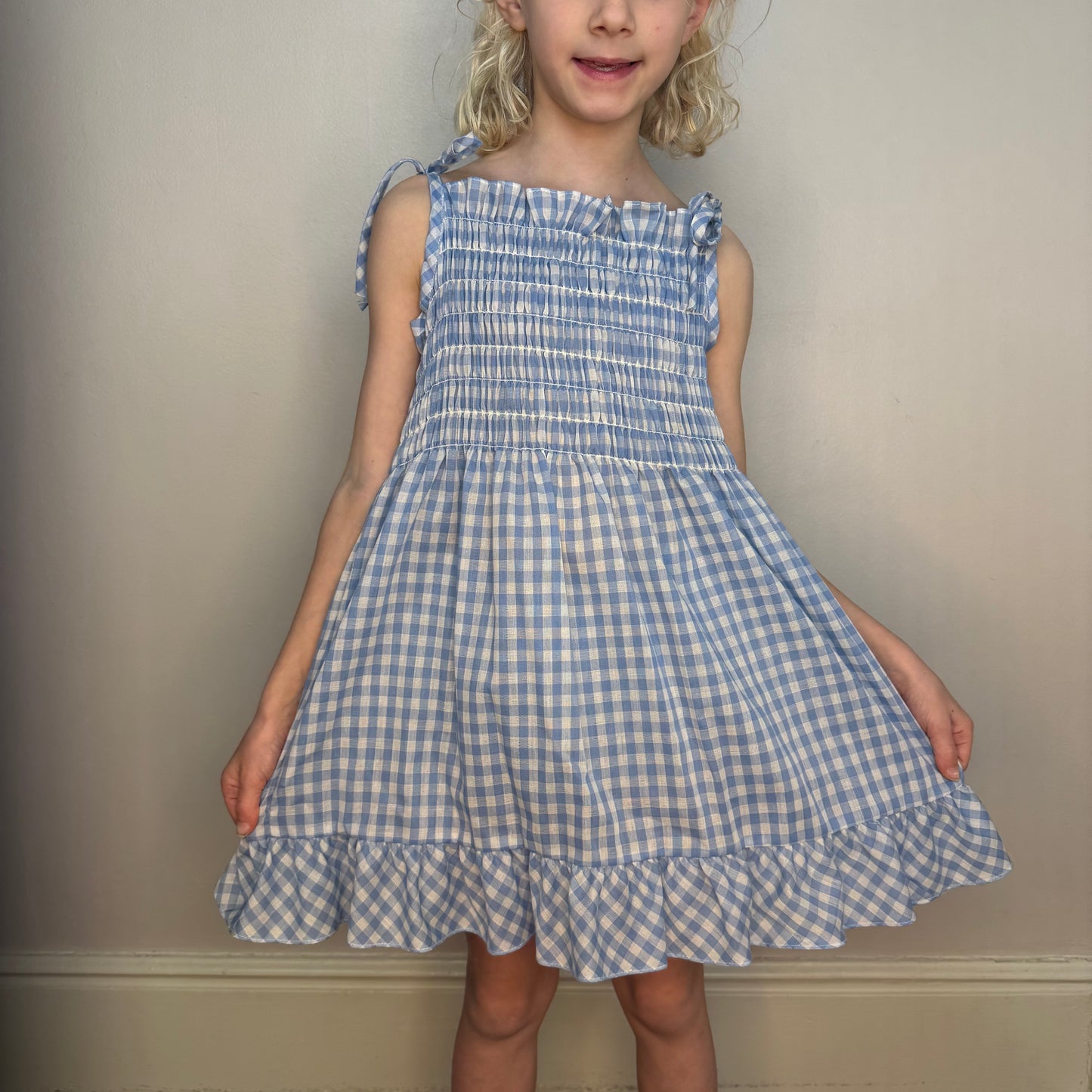 1970s Girls’ Blue Gingham Sundress with Matching Bloomers, Holiday Sportswear of Miami Size 8/10
