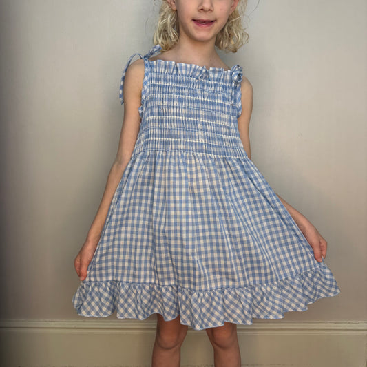 1970s Girls’ Blue Gingham Sundress with Matching Bloomers, Holiday Sportswear of Miami Size 8/10