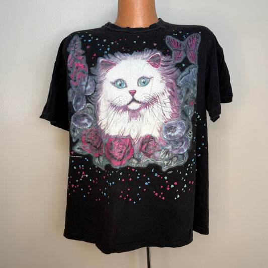 1990s Cat T-Shirt, Caribbean Dream Size XL, Elisa, Glitter Flowers Butterfly Hearts All Over Print