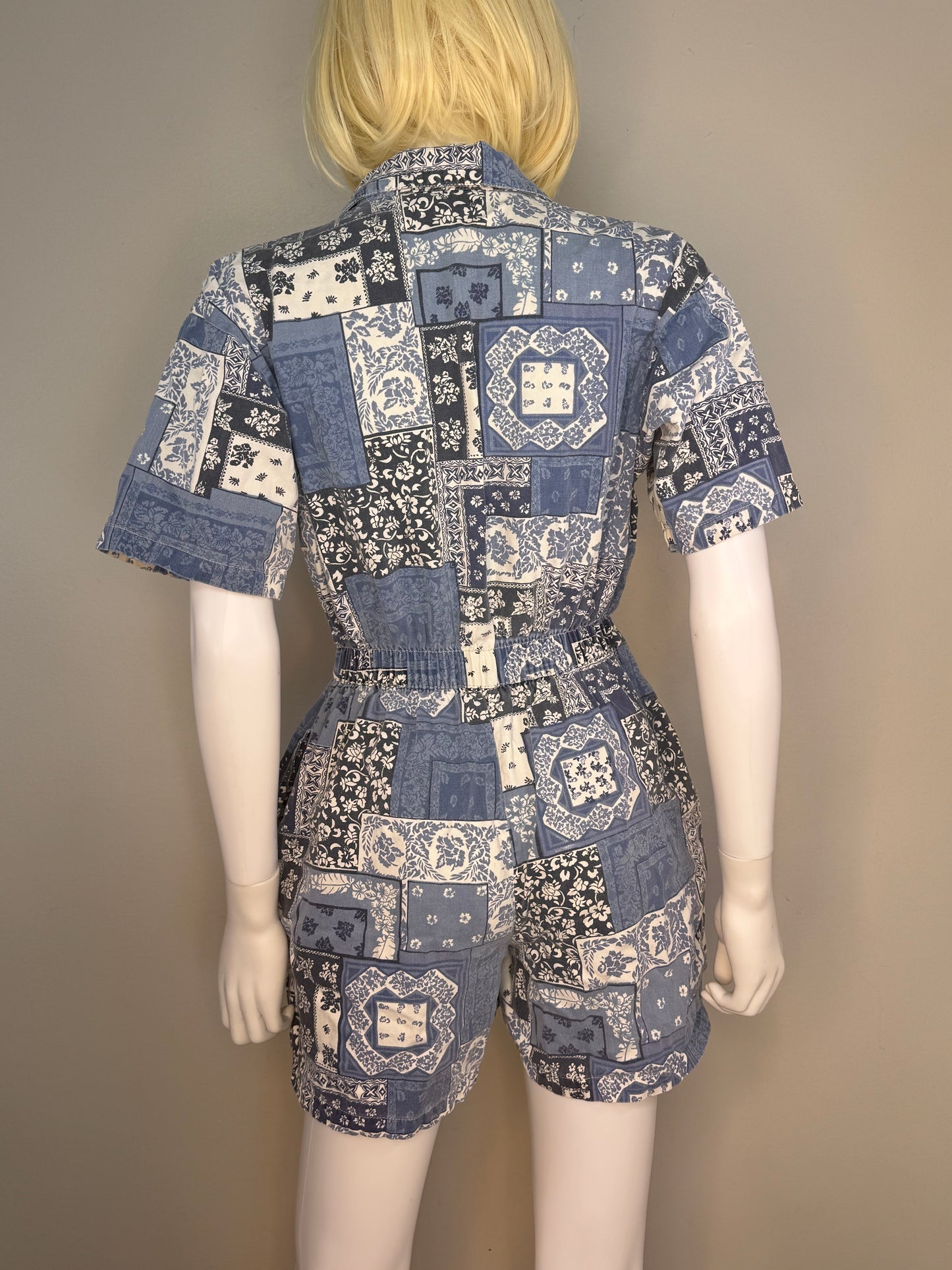 1990s Bandana Patchwork Print Denim Romper, Studiowear Petite size Medium