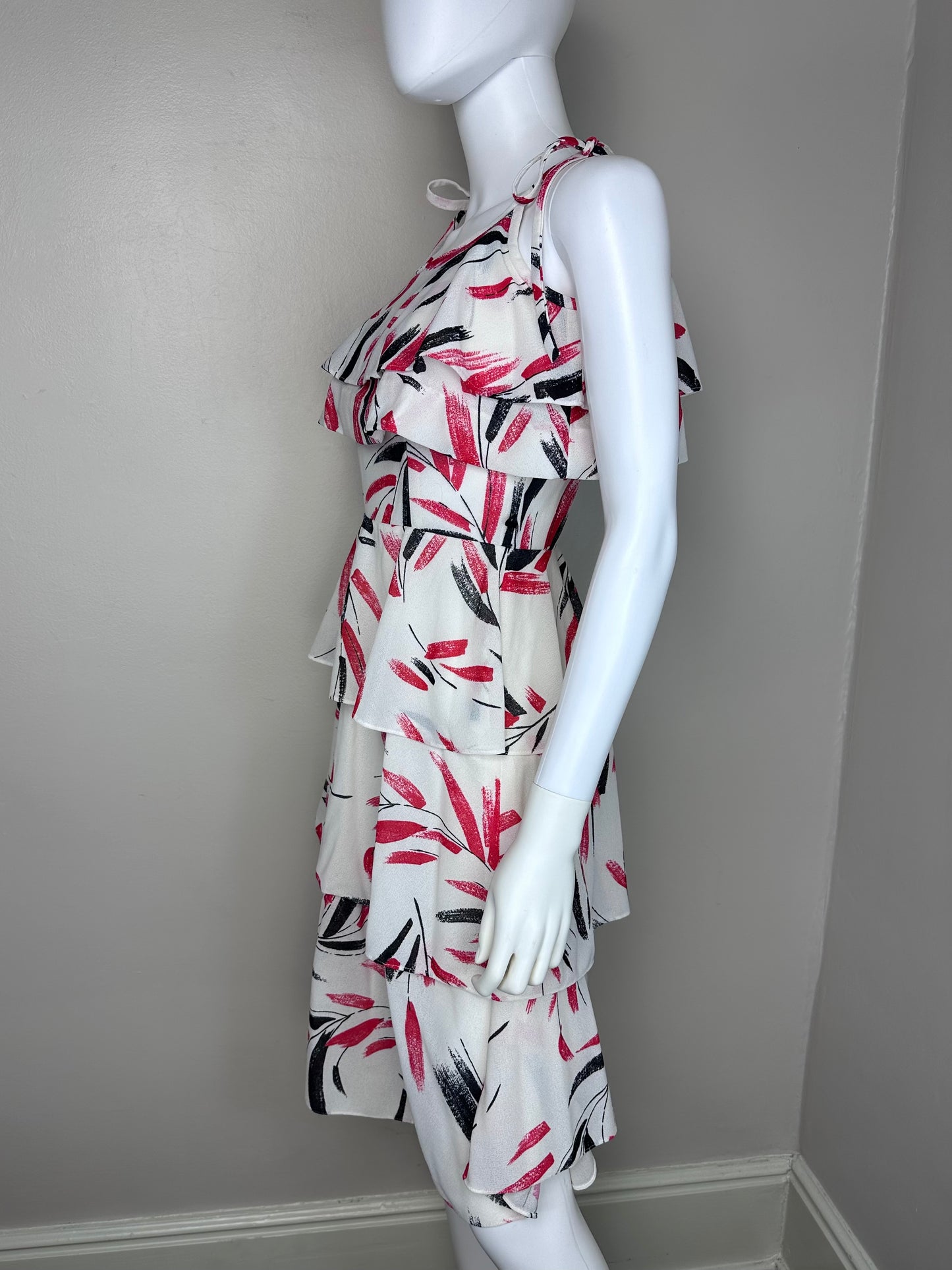 1970s Ruffle Sundress, Sunshine Alley Size XS, Abstract Print, Sleeveless Dress