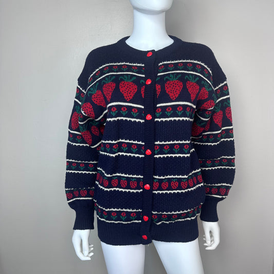 1990s Strawberry Stripe Cardigan Sweater, Tulchan Size Medium, Pure New Wool Jumper, The Little Mill Shops