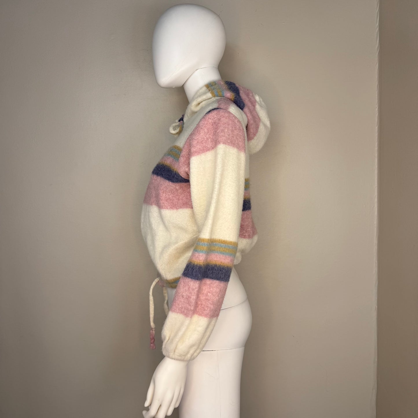 1970s Striped Fleece Hooded Jacket, Cream and Pink, Size Small