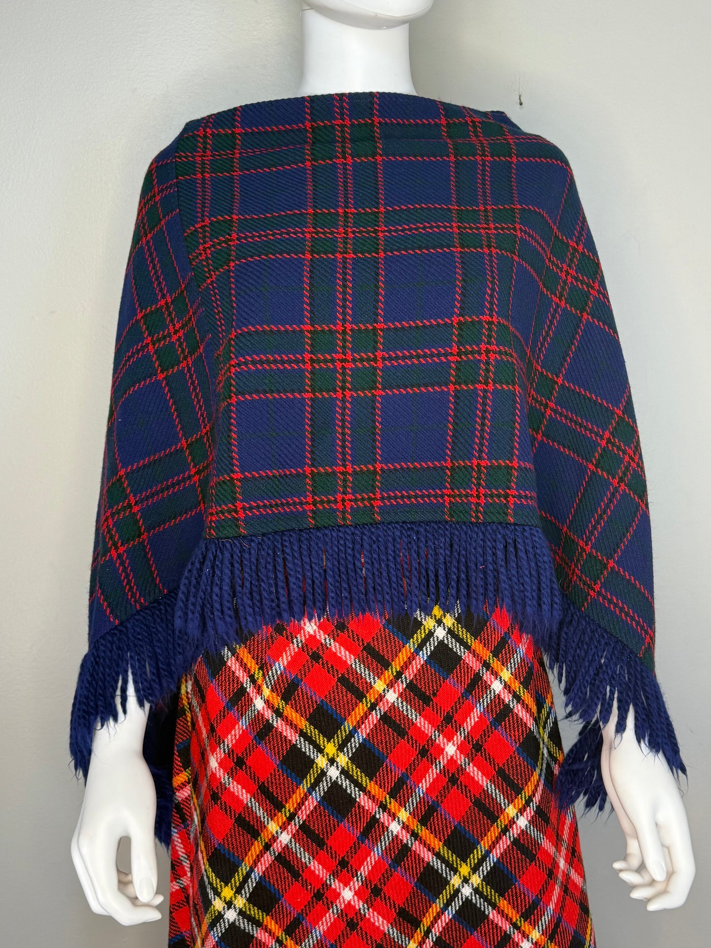 1960s/70s Navy Blue Plaid Poncho with Fringe, Glentex Size XS-Medium