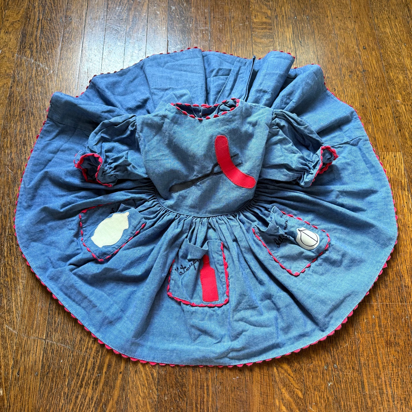 1950s Chambray Baby Dress, Hot Dog BBQ Applique, Full Skirt, Puff Sleeves, Rick Rack, Size 3-6 month