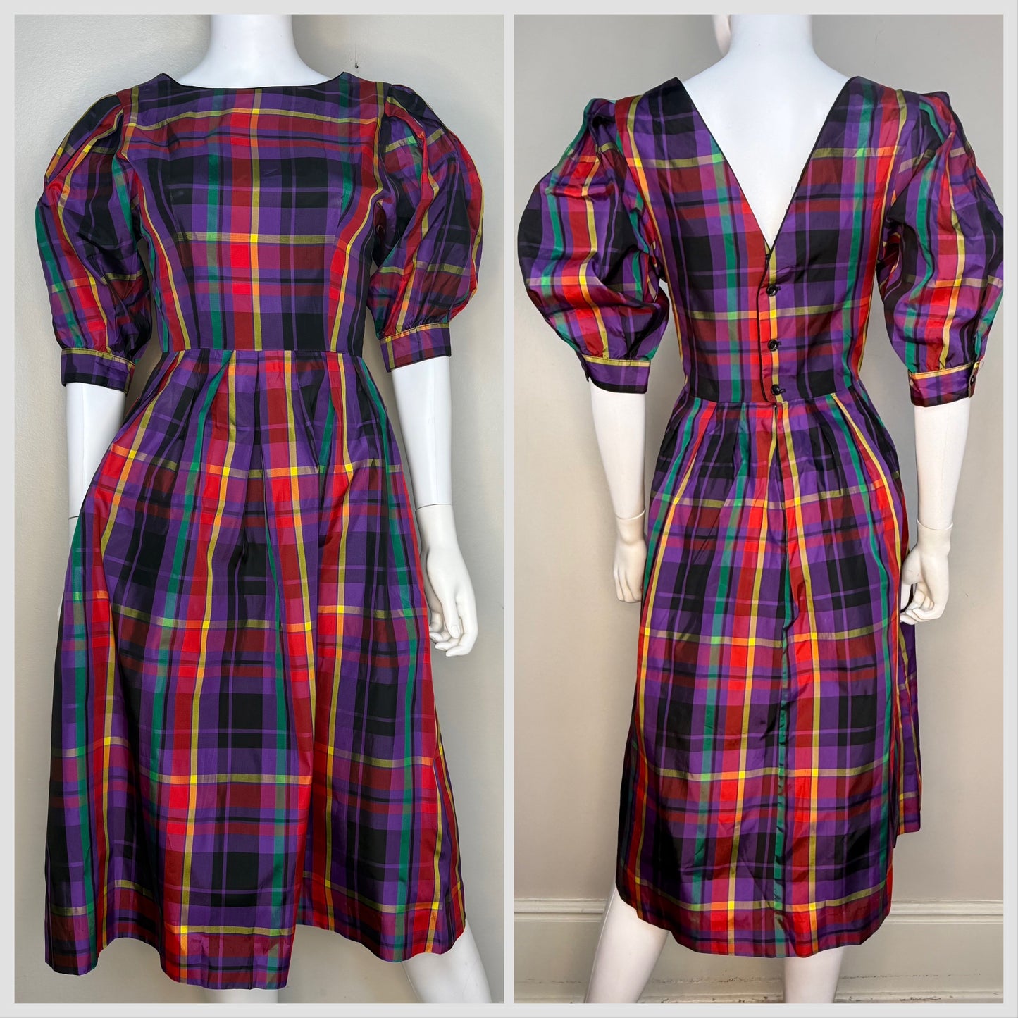 1980s Jewel Tone Plaid Taffeta Dress with Huge Puffed Sleeves, Lanz Size X-Small
