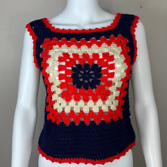 1970s Handmade Granny Square Sweater Vest, Red and Blue, Size XS-Small